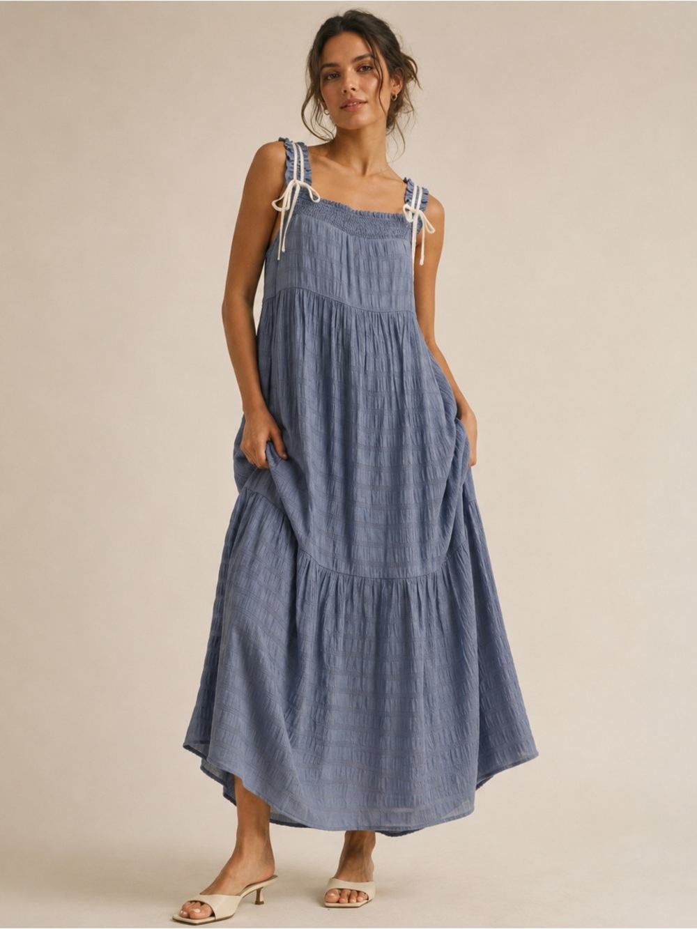 #50 Smocked Tie-Shoulder Blue Maxi Dress
